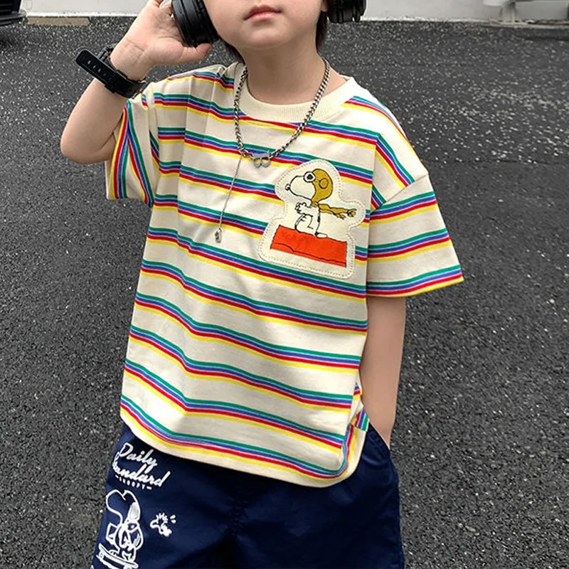 2023 New Summer Children Clothing Fashion Stripe Round Neck Cartoon Pattern Refreshing Casual Loose Short Sleeve Boys' T-shirt