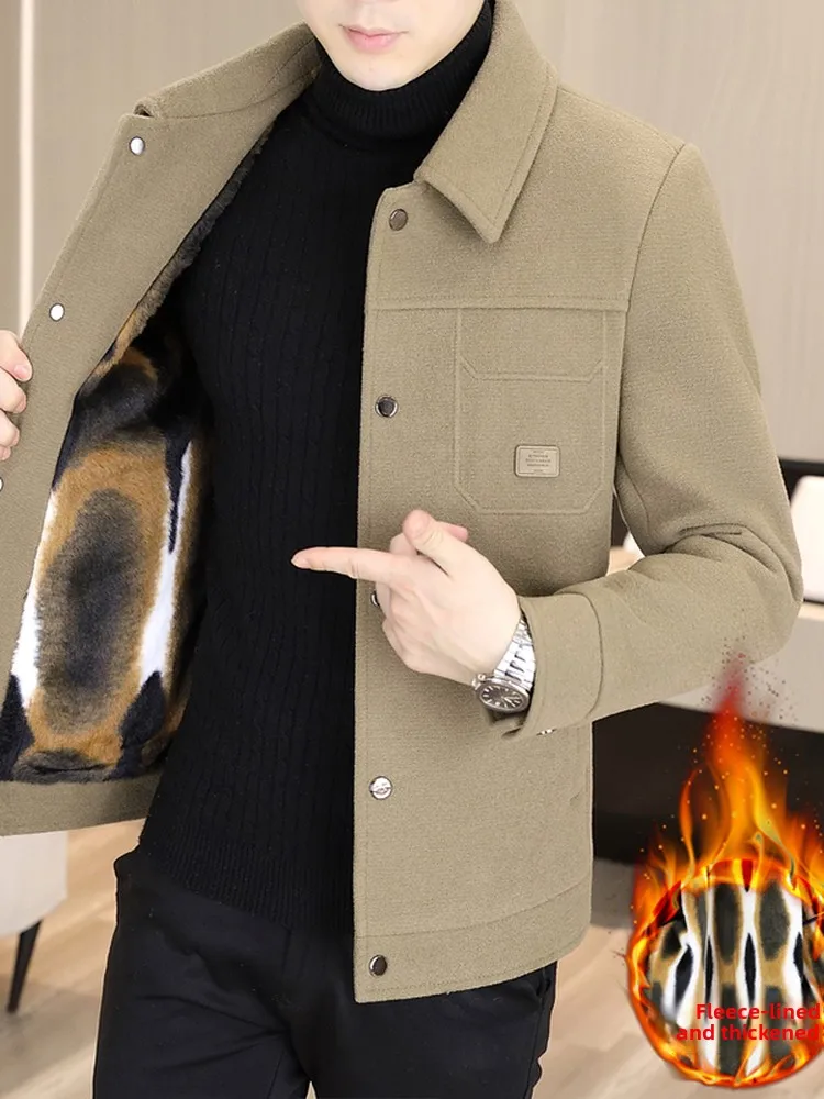 

Winter Thiened Woolen Jaet Men's Collar Stand-up Korean Version Fce-lined ort Sle Warm Wool Coat for Youth