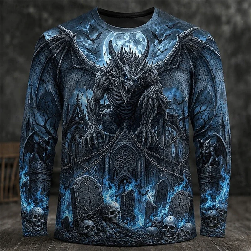 2026 Neues Herren-Halloween-Themen-Langarm-T-Shirt mit Rundhalsausschnitt und gruseligem Zauberer-Schädel-Print, Herren-Party-Oberteil für Feiertage – Detail 7