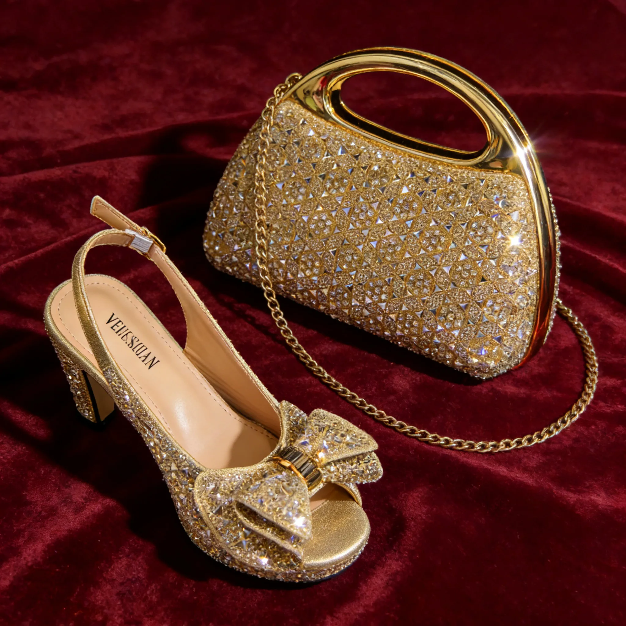 Nigeria Design Open Toe High Heels & Bag Set Gold Color blocking Hot Rhinestones Fashion Sexy High Heels and bags