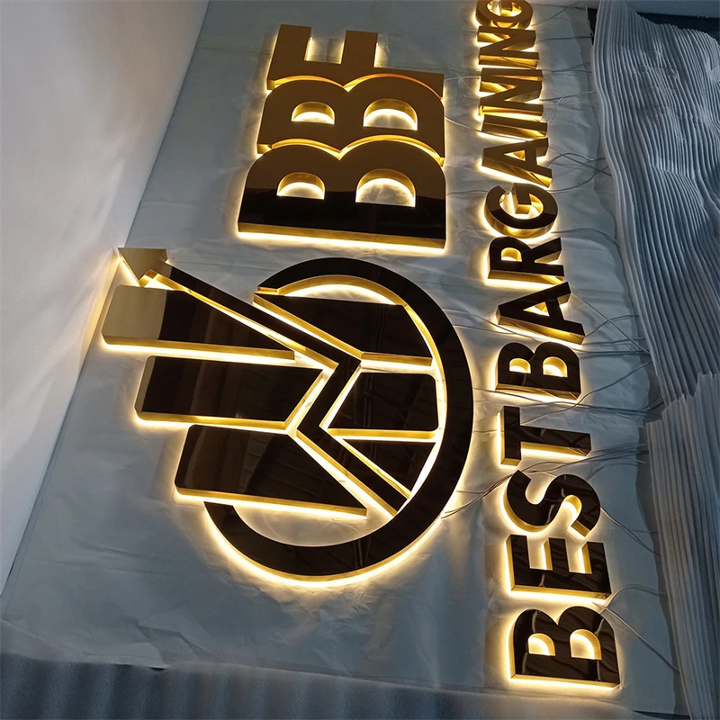 Logotipo retroiluminado 3D, tienda Exterior, frente, letrero de canal inverso de acero inoxidable dorado, luz Led, letras de logotipo de negocios iluminadas