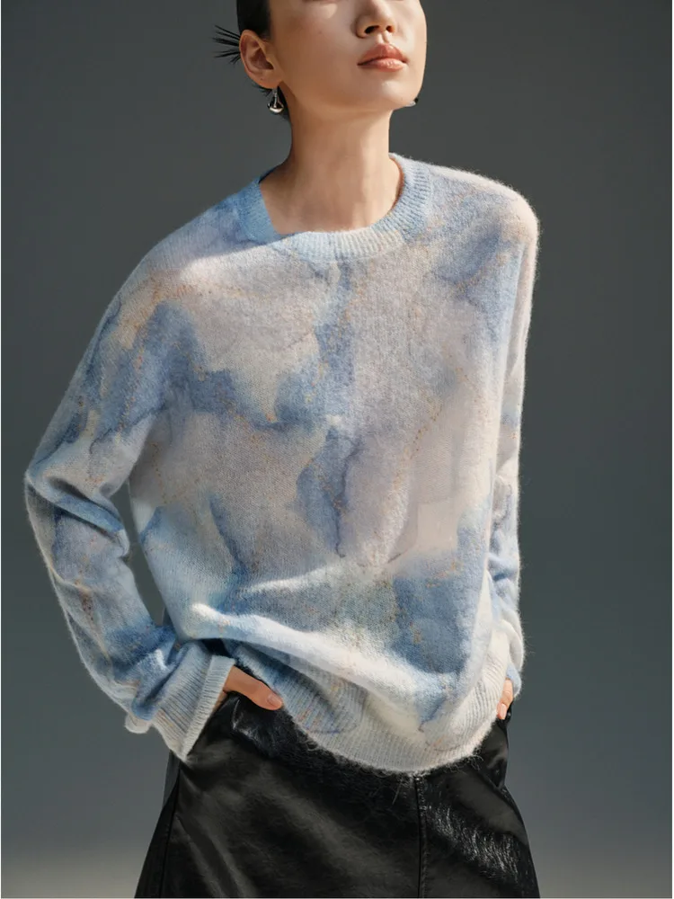 

Women Alpaca Wool Tie Dye Sweater,Autumn Thin Round Neck Wool Blend Loose Soft Knitted Pullovers
