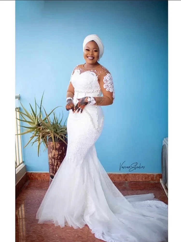 Suknia ślubna syrena z kryształami, szyta na miarę, kolekcja 2025, Vestido De Casamento, iluzoryczne długie rękawy, koronkowe suknie ślubne plus size.