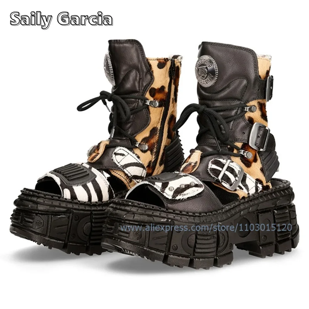 

Босоножки до середины икры на толстой подошве в стиле панк с леопардовым принтом, римские ботинки на платформе с открытым носком и каблуком 7 см, универсальная повседневная обувь в стиле ретро