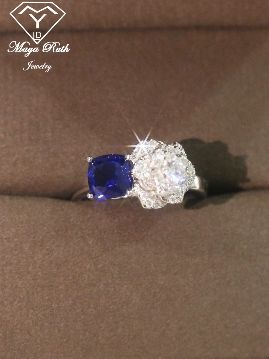 Created Sapphire 925 Sterling Silver Ring for Women Blue Rose Cocktail Party Jewelry Cute Simulated Gemstone Floral Gift Design