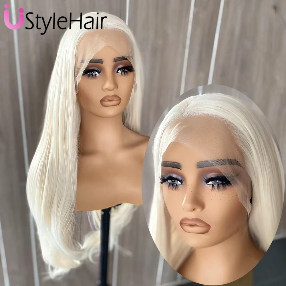 Platinum Blonde Lace Front Wig Middle Part Natural Wave Synthetic Hair Daily Use Platinum Wigs Cosplay Party Drag Queen