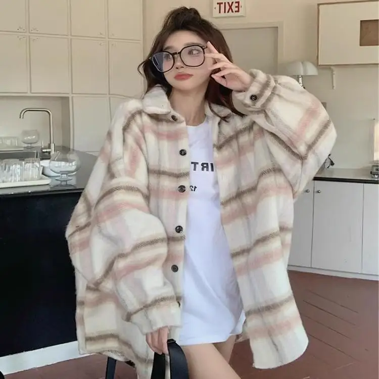 

Пальто женское шерстяное в клетку больших размеров, повседневное, свободного кроя, осенне-зимнее, в корейском стиле, с длинными рукавами, с капюшоном