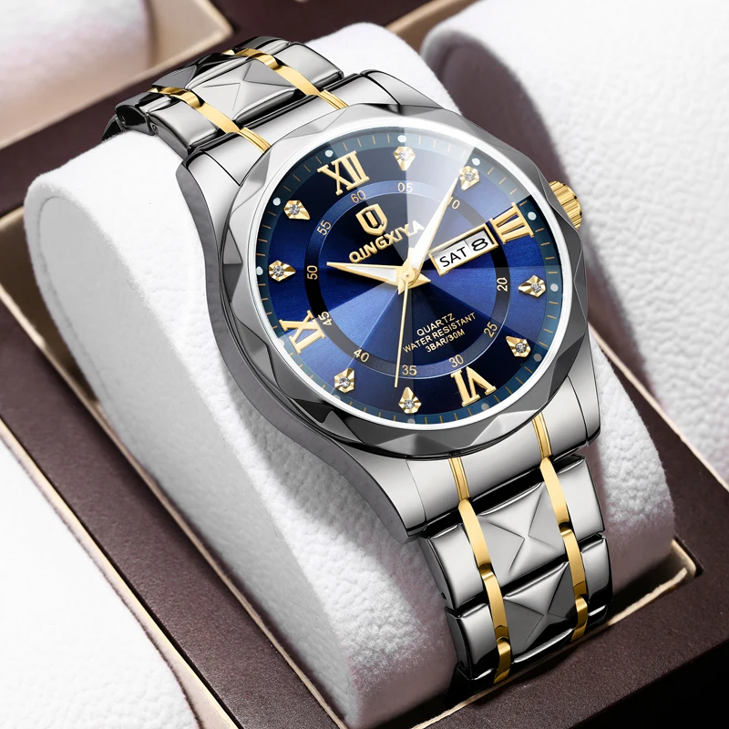 

QINGXIYA Fashion Mens Watches Top Brand Luxury Stainless Steel Quartz Watch for Men Waterproof Luminous Date Week Men Wristwatch