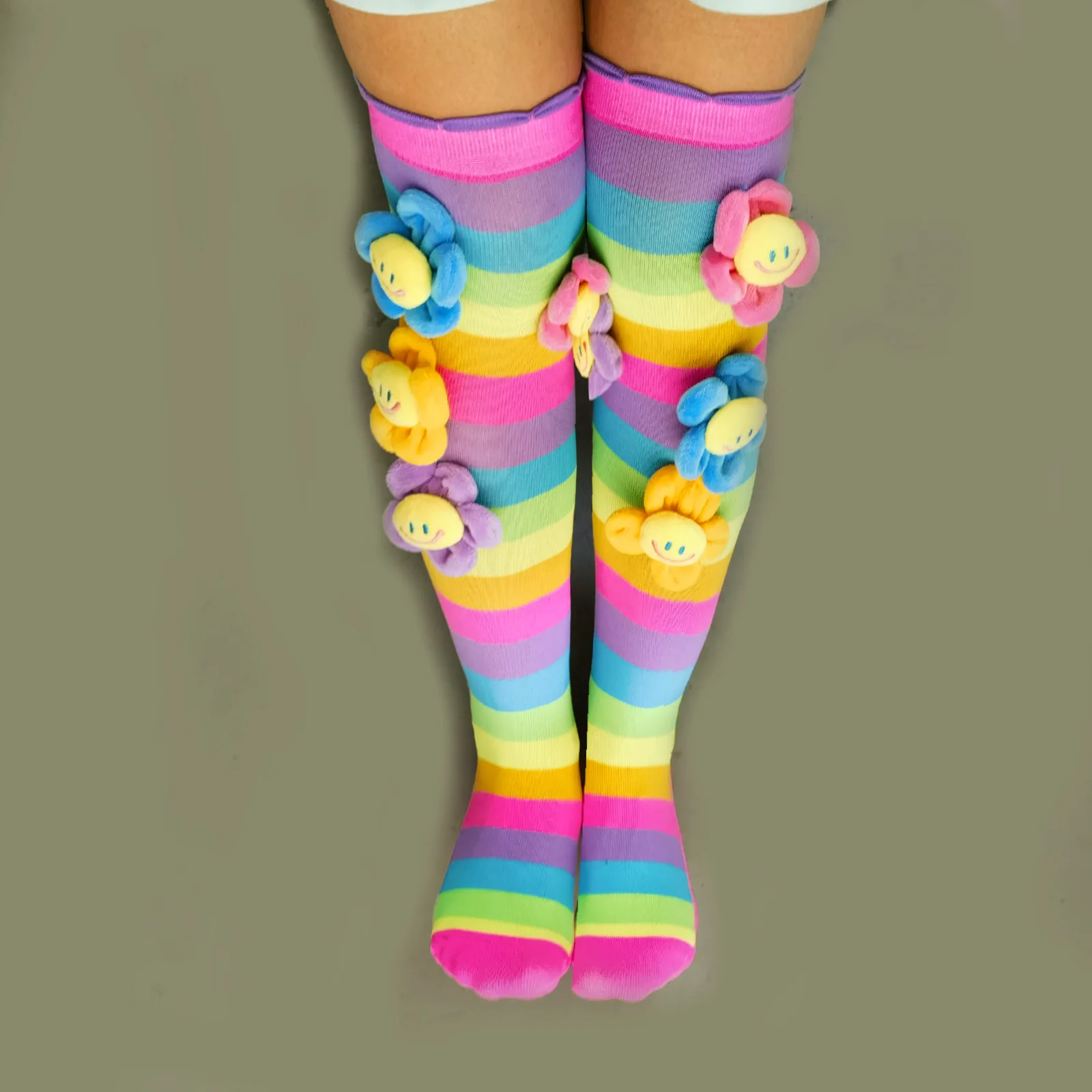 Winter Autumn Baby Children Socks Knee High Long Kids Girl Flower Tight Rainbow Striped Breathable School Uniform 7-12 Years