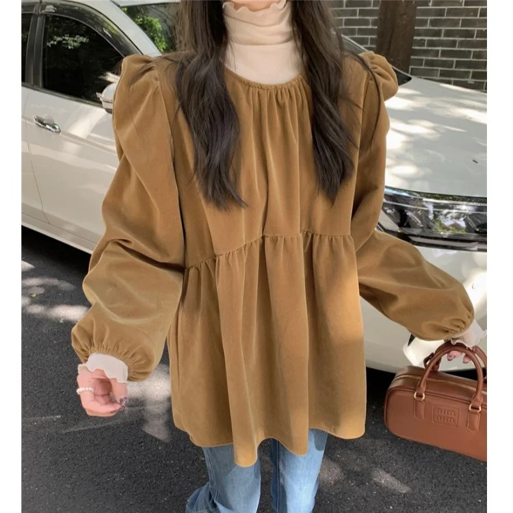 Cisas rouge velours irt femme bulle ample Sve rond Ne pull Ele plissé trajet Sle hiver Faion