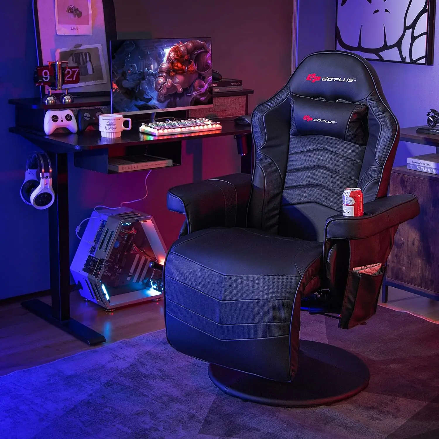 Gaming Chair, Height Adjustable Massage Video Game Chair with Retractable Footrest, Cup Holder, Headrest, Swivel Office Chair