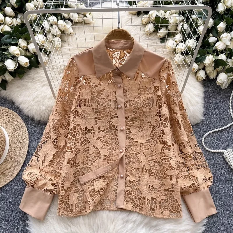 Neploe Elegant Chic Temperament Blouses Femme 2024 Autumn Hollow Out Hook Flower Embroidery High-End Style Sweet Lapel Shirts