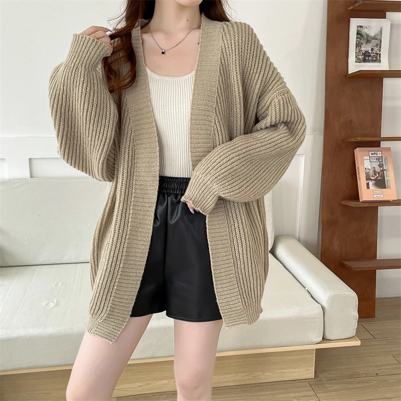 

Winter Women Fashion Loose Knitted Cardigan Sweater Autumn Casual Elegant Knit Top Solid Color Long Sleeve Knitwear