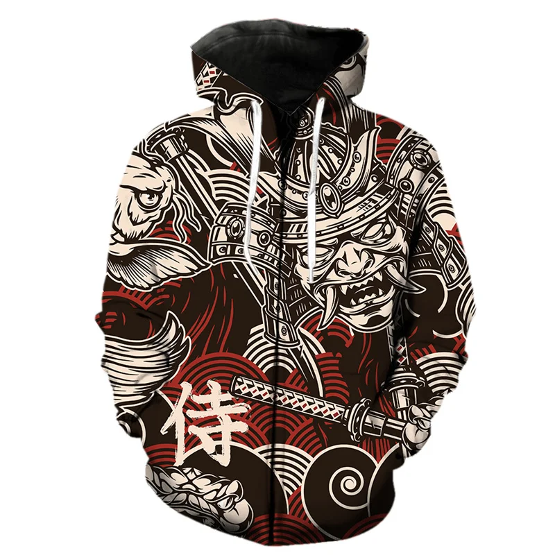 Ghost Warrior Samurai Dragon Zipper Hoodie Men Harajuku Cool 3D Printed Carp Sweatshirt Casual Spring Long Sleeve Hoodies