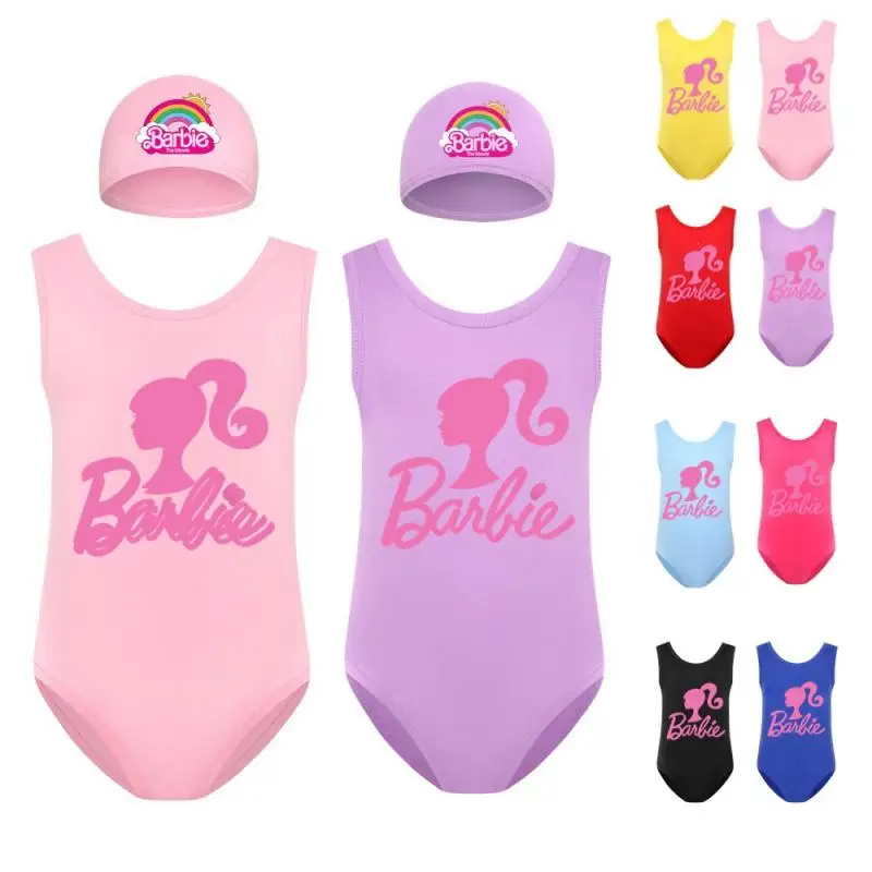 Kawaii Cute Barbie Children Swimsuit Suit Cartoon Summer Beach Bikini Swimming Suit Cap Girls Bathing Swimwear 2-16 Years Gift