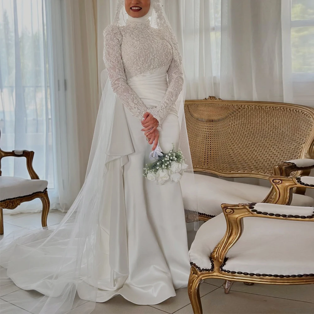 

Винтажное мусульманское свадебное платье по индивидуальному заказу, кружевное свадебное платье с бисером, верхняя юбка, русалка, арабское свадебное платье в Дубае