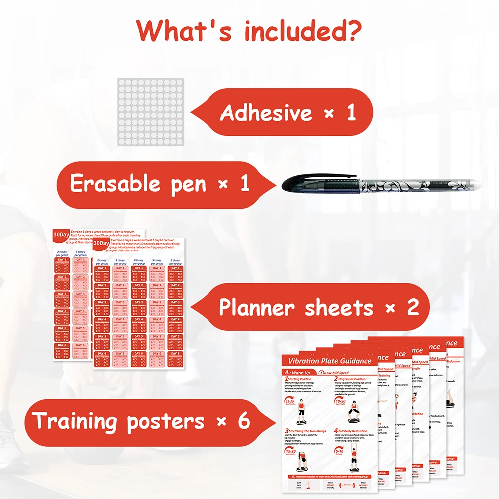 Plan treningowy na tablicę wibracyjną, druk jednostronny, odporna na zarysowania matowa folia, możliwość czyszczenia pisakiem, klej w kropki mocno przylega.