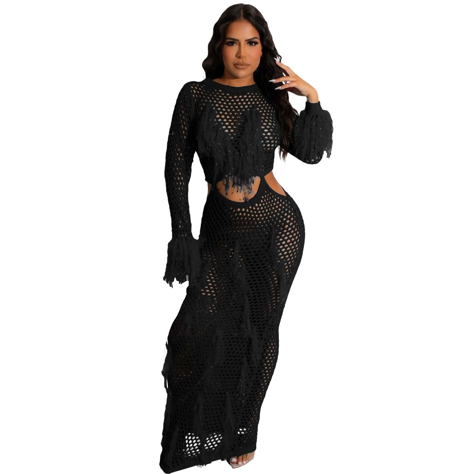 

Women's Fringe Knitted Casual Hollow Out Sequin Long Dress Womens Business Casual Winery Dress