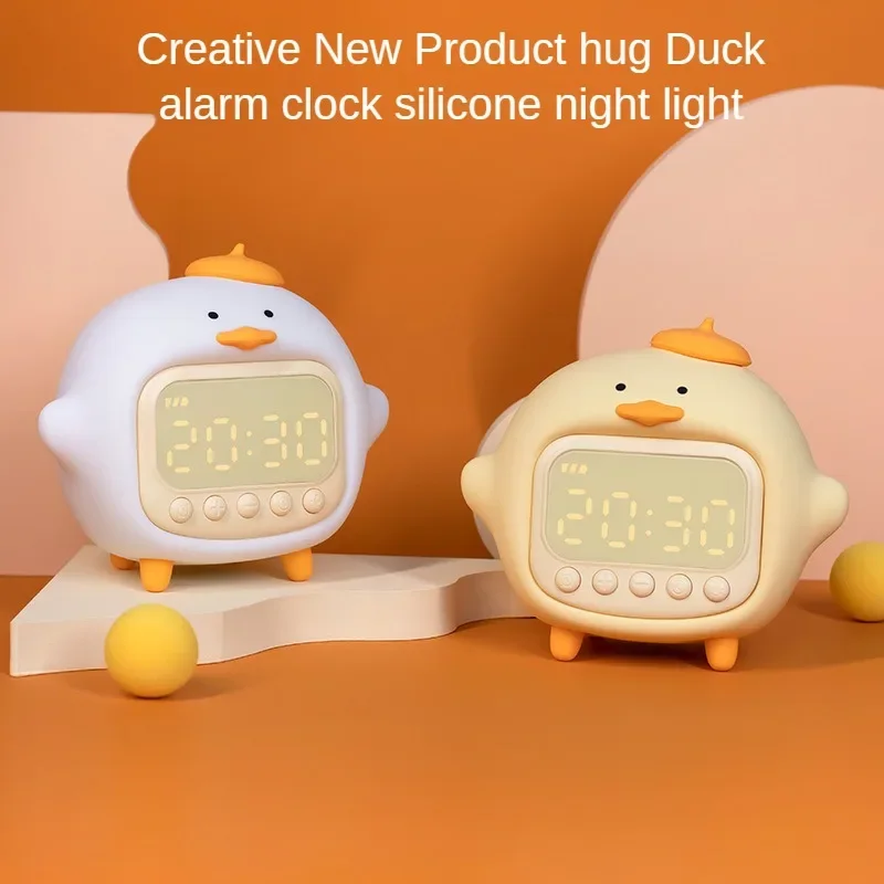 

Creative New Product Holding Duck Alarm Clock Silicone Night Light Stupid Cute Dual Color Atmosphere Soft Sleeping Clock Lights