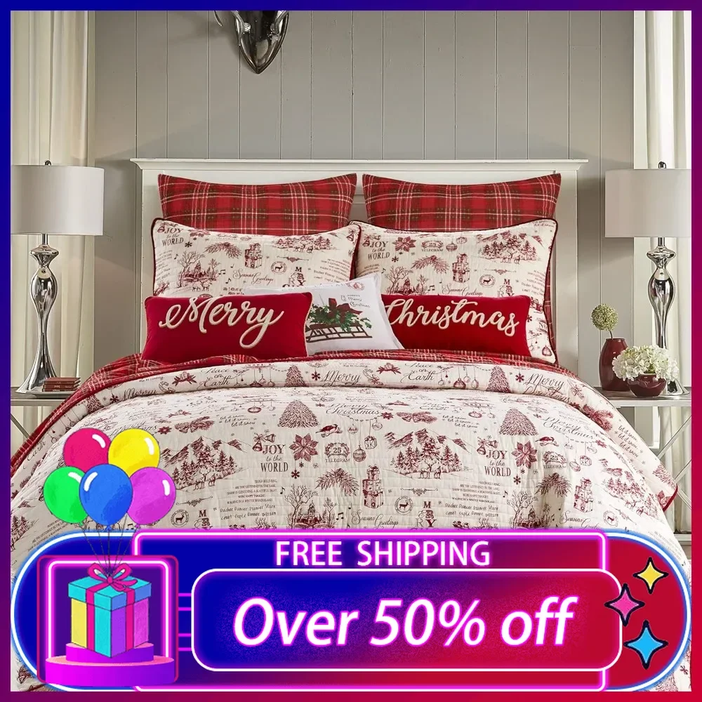 

Quilt Set-King/Cal King Quilt (106x92in)+Two King Pillow Shams (36x20in.)-Christmas Holiday Script-Red and Cream-Cotton