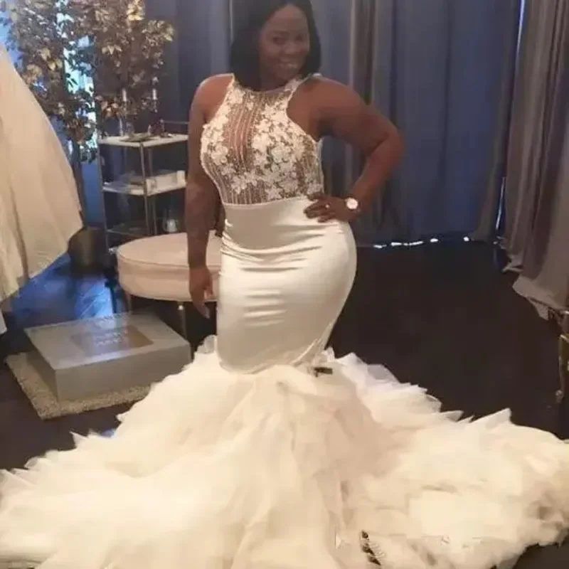 Personnalisé blanc appliqué Mermiad africain Sexy mariage sans manches plage Boho pure robe de mariée grande taille robe de mariée