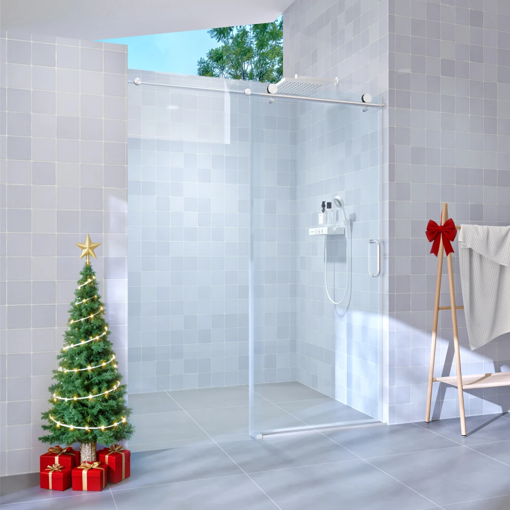 

56-60"W×76"H Single Sliding Frameless Shower Door,1/4"Tempered Glass,Brushed Nickel GF-25D06-60BNX