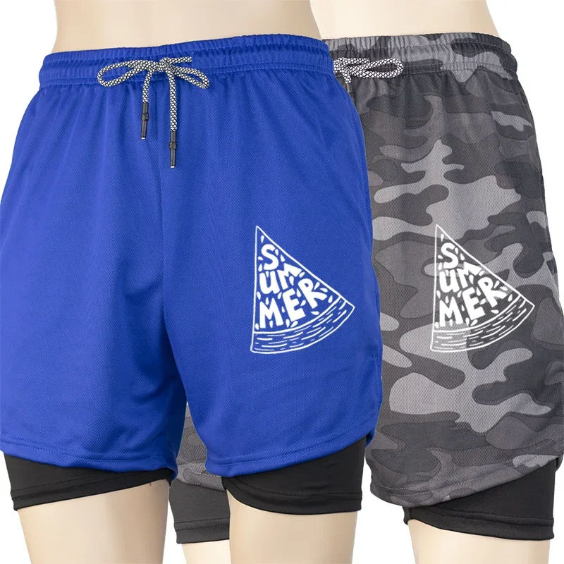 

Мужские летние шорты 2 в 1, спортивные шорты для бега и спортзала с принтом и карманом для телефона, быстросохнущие, дышащие