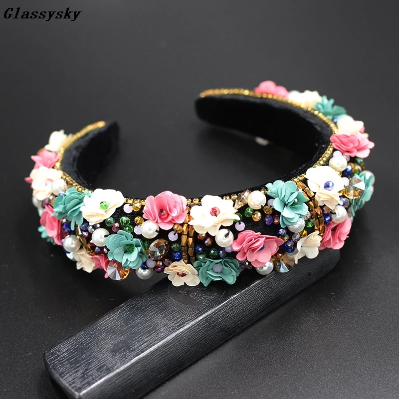 Luxury Colorful RhinestonesFlower HeadbandRetro Style Beautiful Sponge HairbandHeadbandFashion Baroque jewelry 823