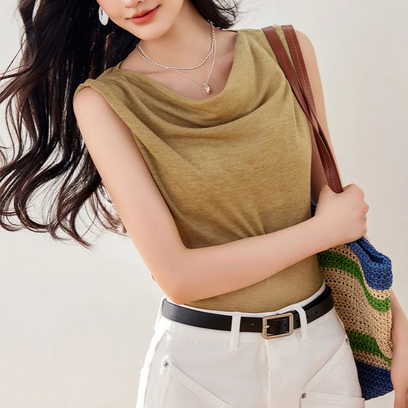 Simple Style Casual Stacked Collar Vest Womens Tops 2025summer Fashion Basic Sleeveless Straight T-shirt Loose Shirts Versatile