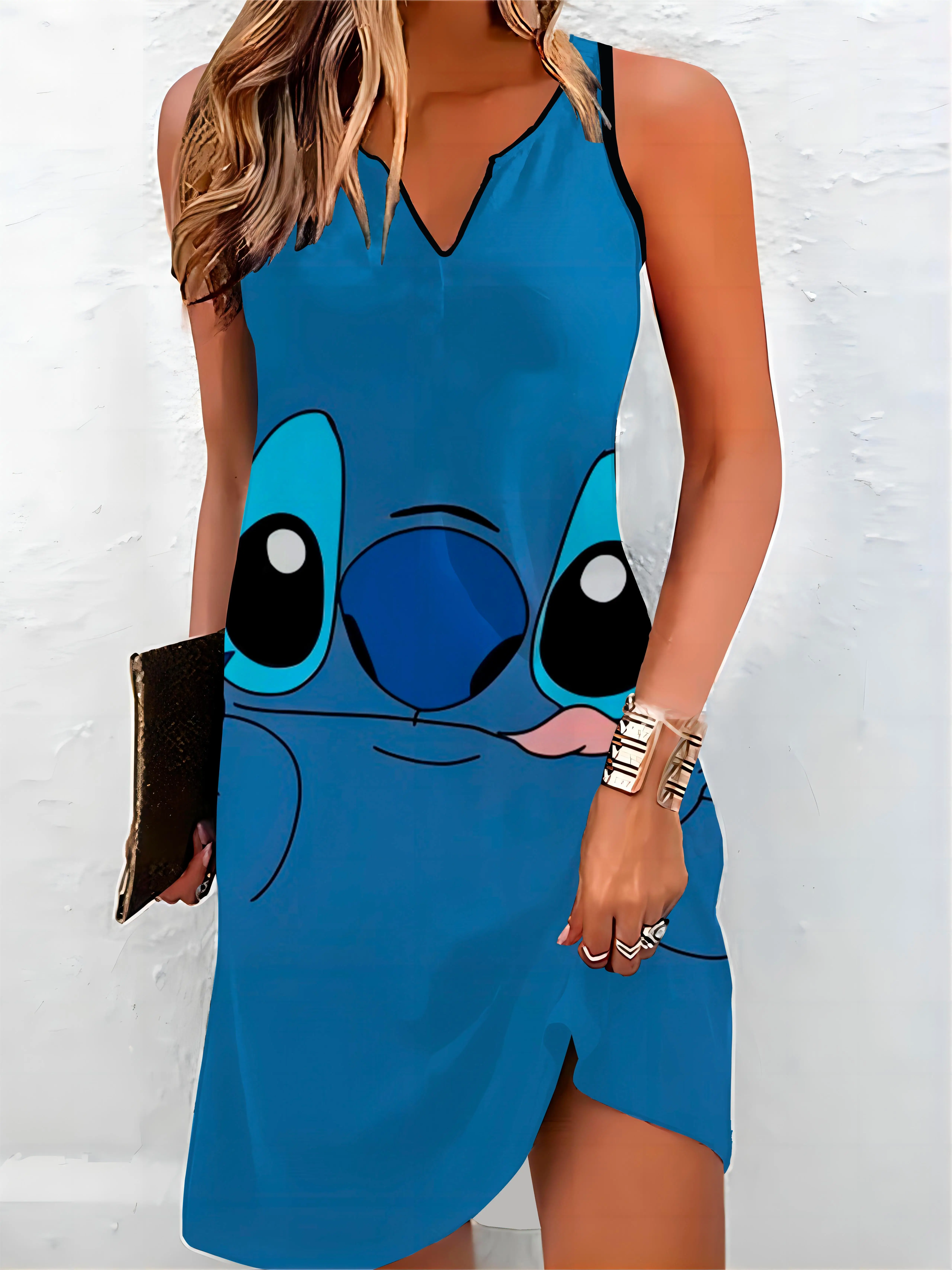 Elegant Party Dresses 2024 Summer Dress V-neck Off Shoulder Disney Stitch Womens Women Short Chic Sleeveless Disney Home Women's