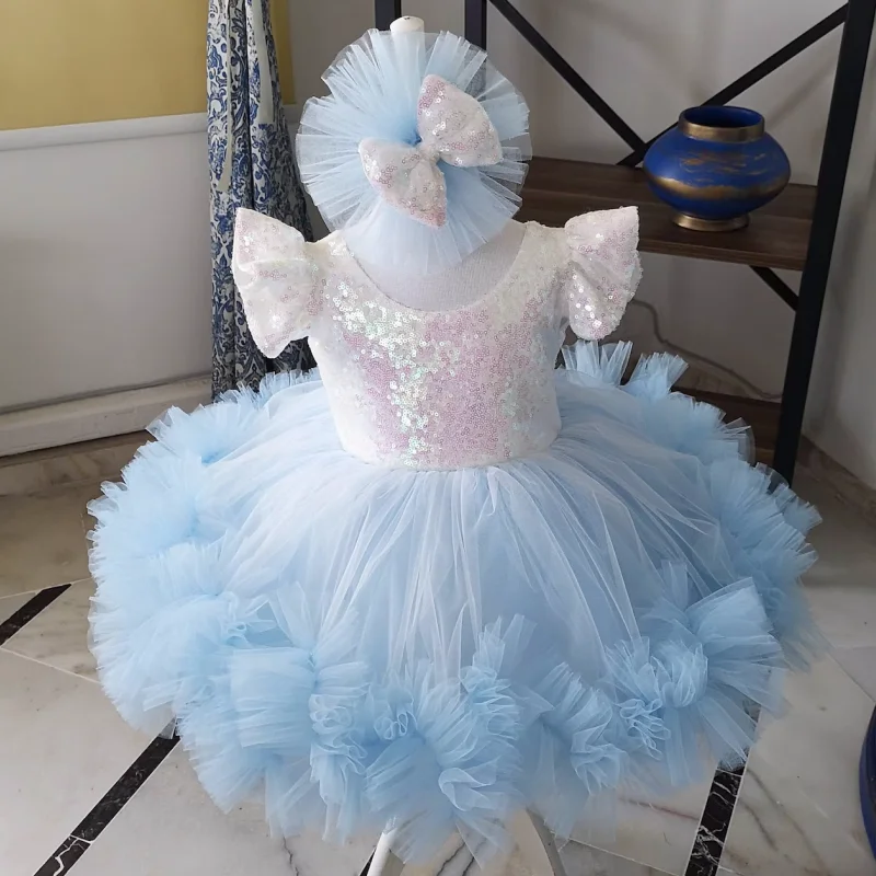 Blue Flower Girl Dresses Tulle Sequin With Bow Short Sleeve For Wedding Birthday Party First Communion Gown