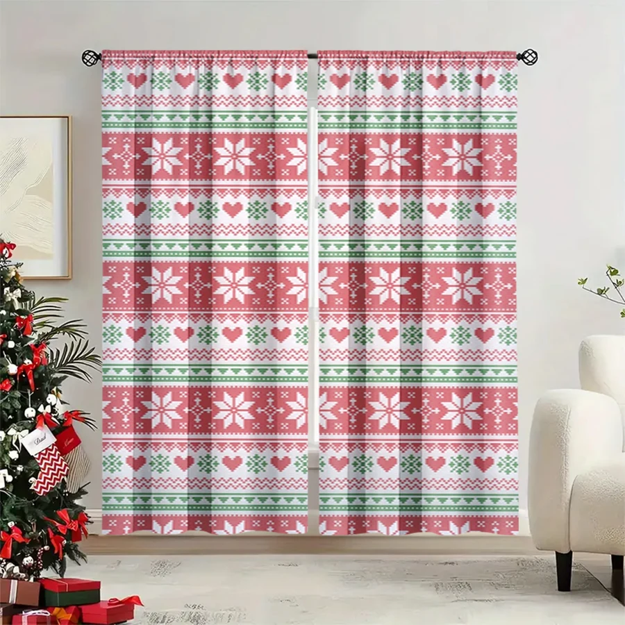 2PCS Christmas Winter Curtains, Pink Fair Isle Knit Heart Snowflake Geometric, Digital Print, Bedroom Living Room, Home Decor