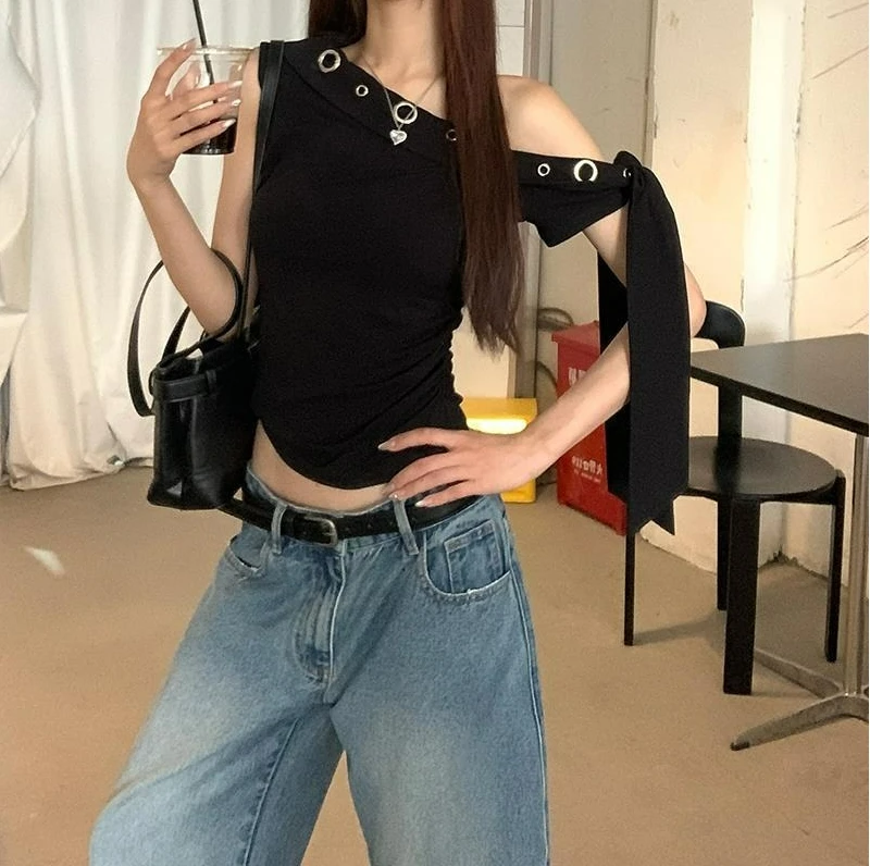 

Slant Shoulder Irregular Streamer Sleeveless Vest Women's Summer New Design Sense Slim and Thin Short Top