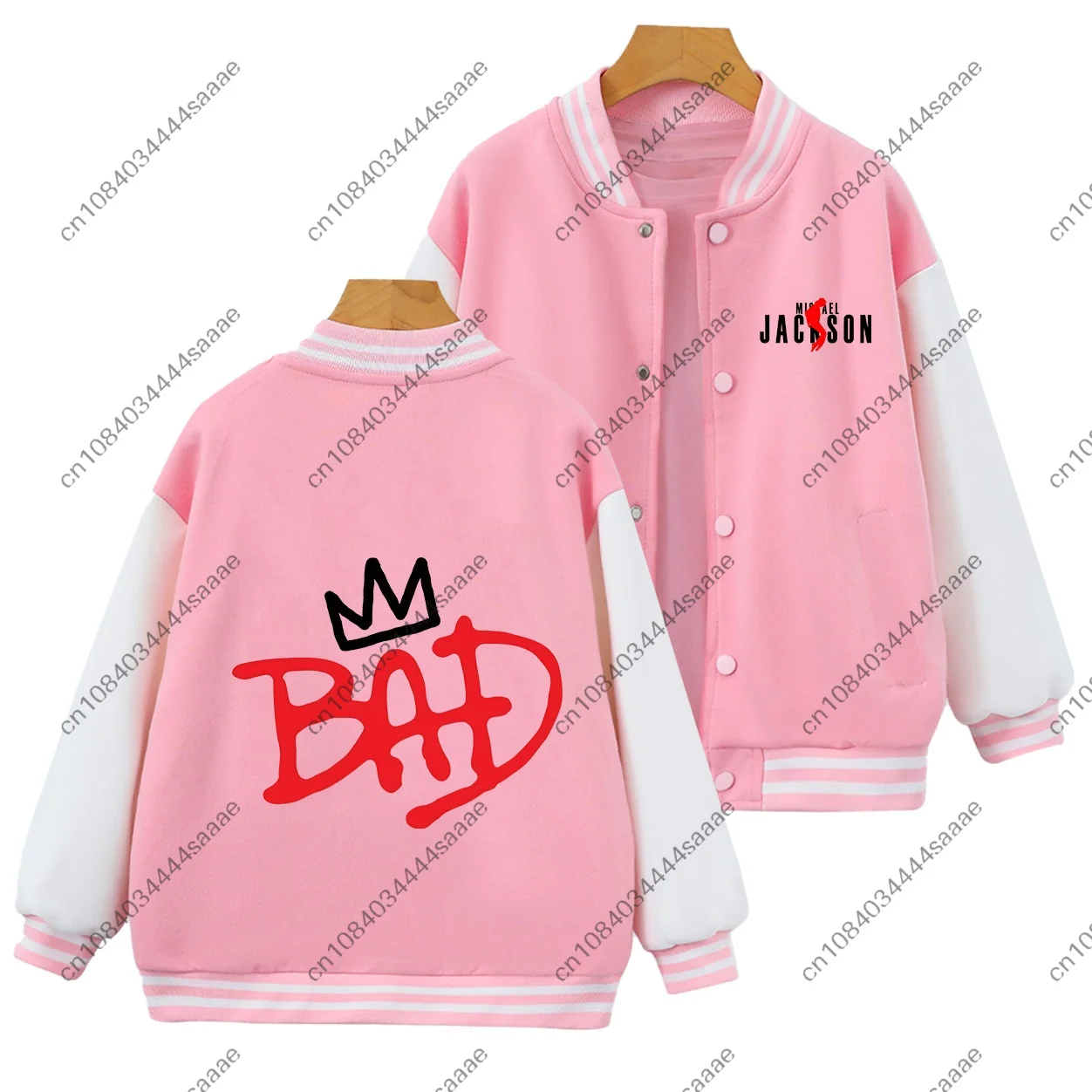 Kids Michael Jackson Print Baseball Jacket Pink White Contrast Sleeve Girls Boys Long Sleeve Coat Children Casual Outerwear - view 4