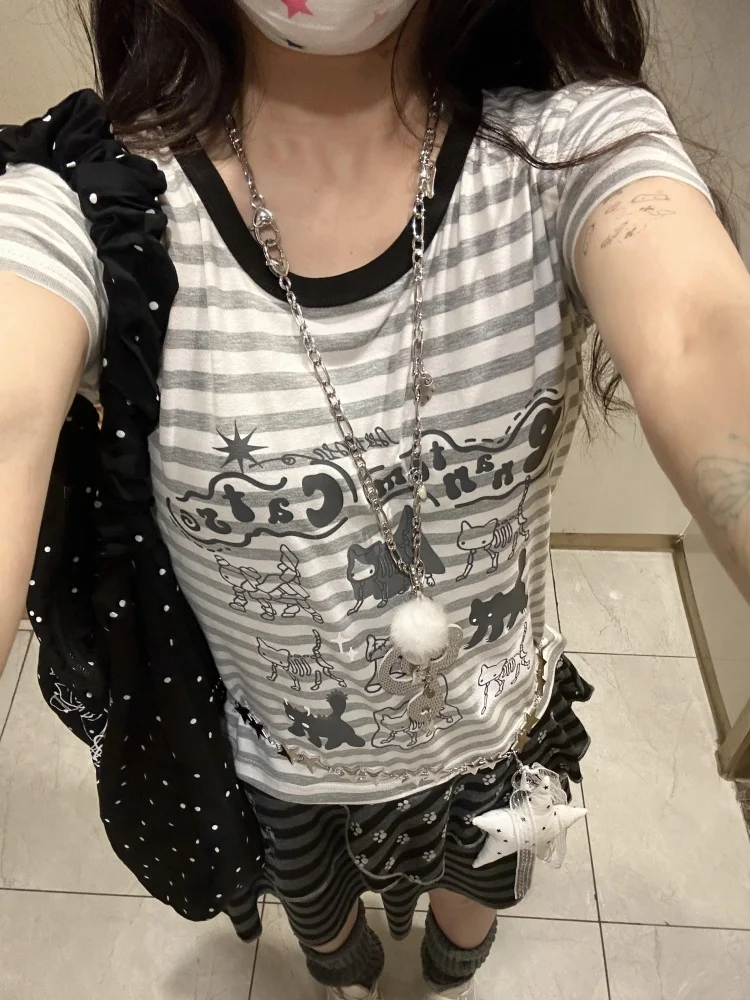 

Slim Fit American Y2K Spicy Girl Striped ort Sve T-irt Women Summer Print Commute Sle Cotton Moisture ng