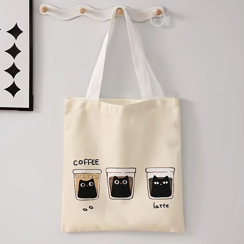 Cartoon coffee cup and kitten pattern printed casual tote bag，Shoulder shopping bag，Reusable fashion backpack multifunctional ha