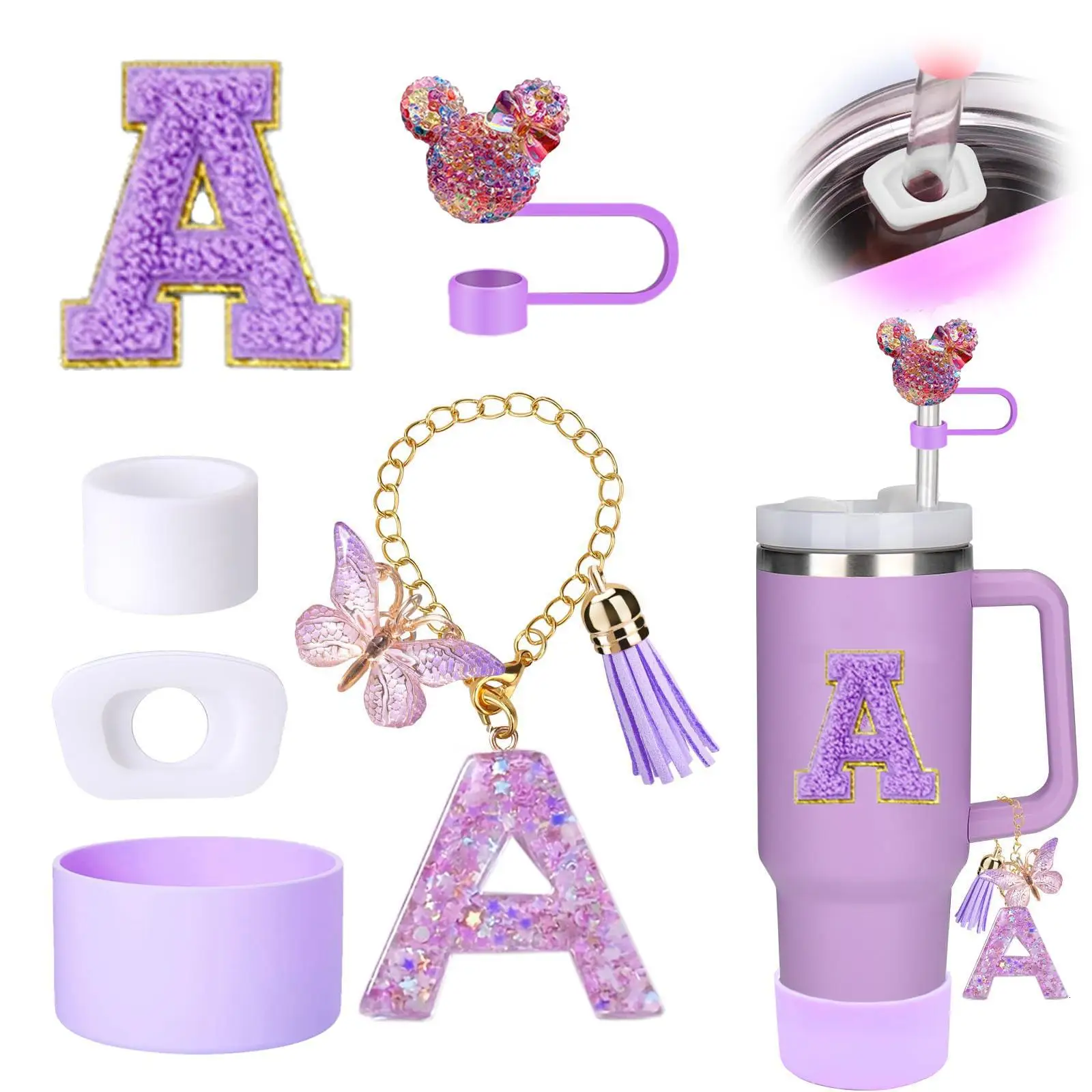 New purple 6-piece resin Stanley cup accessories cartoon Etsy letter chain decoration straw cap cup holder