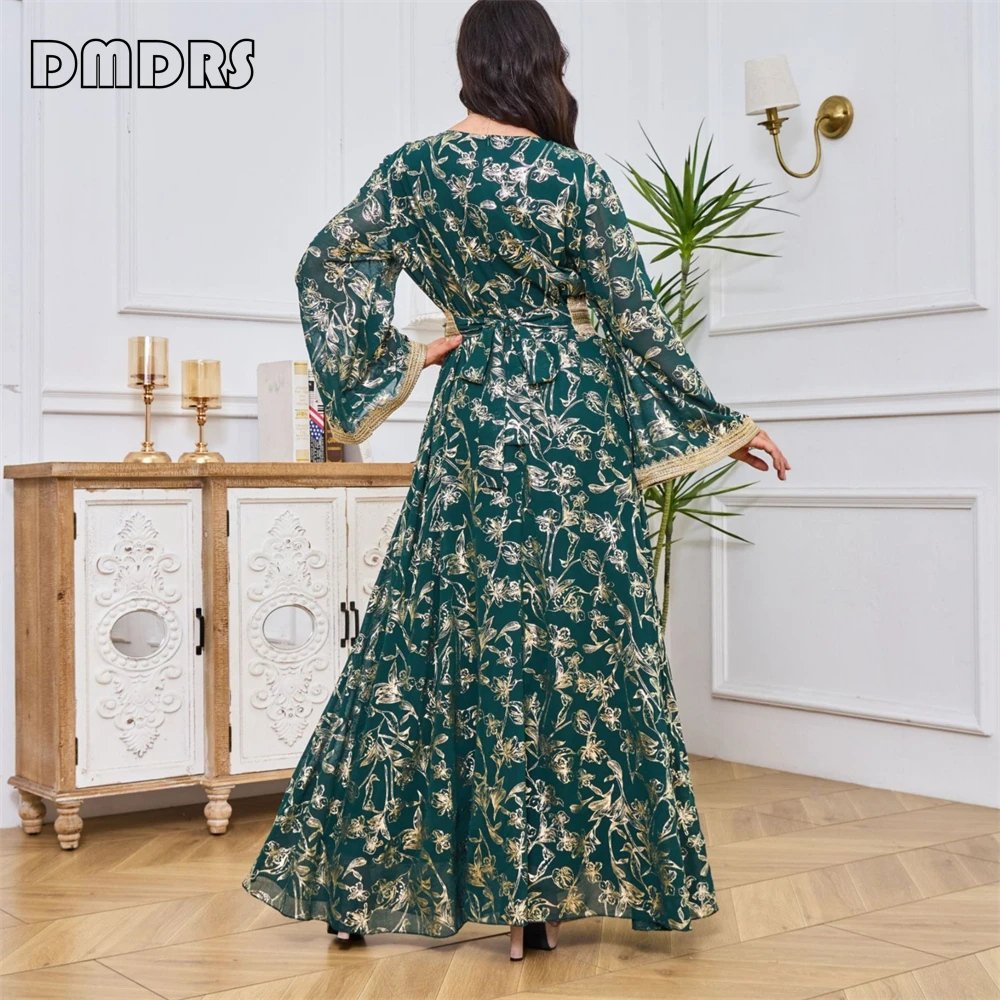 Muslim Long Dress for Women Arabic Formal Gown Long Sleeves Elegant V Neck Gold Lace Casual Dresses for Women Plus Size