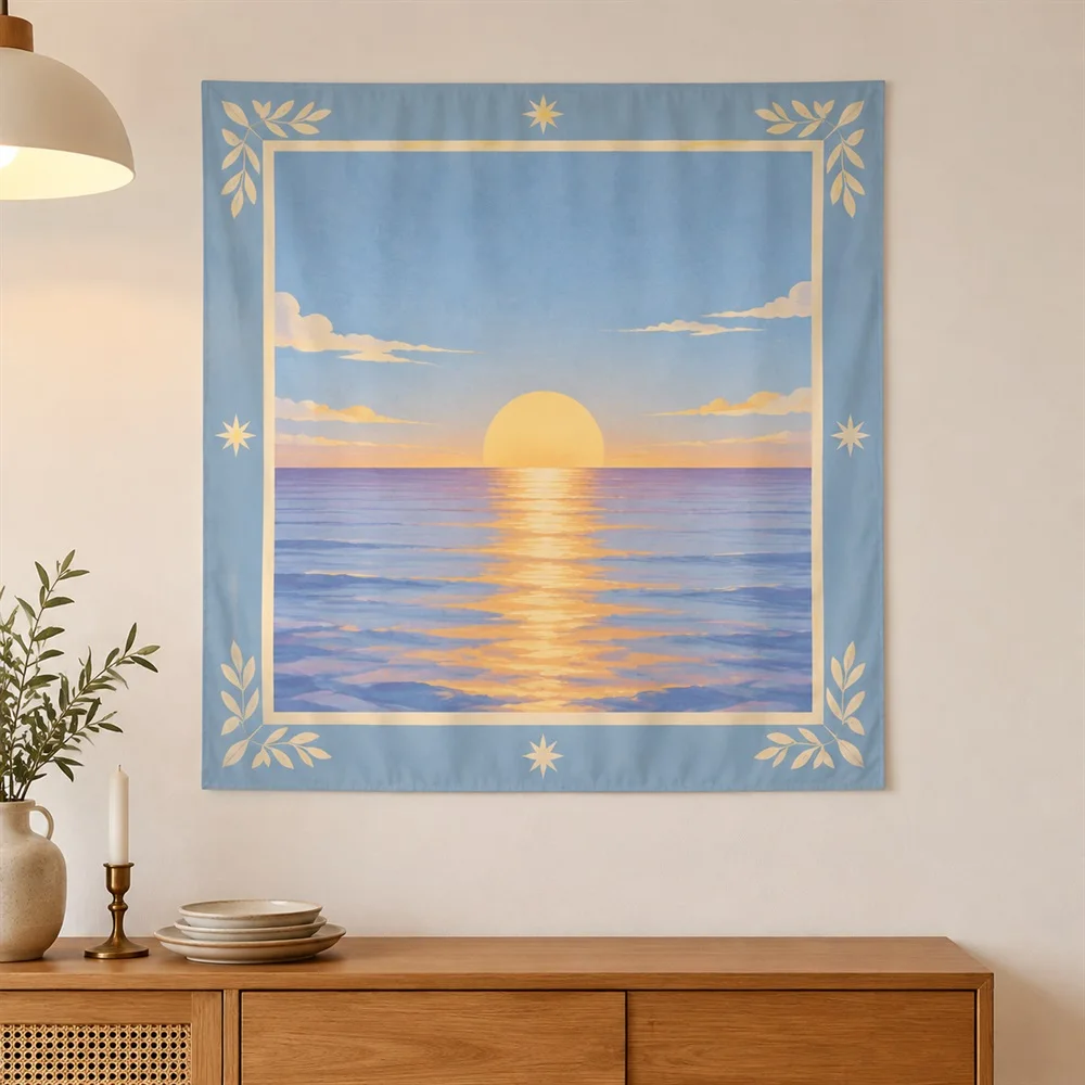 VIKAMA Sunset Ocean Tapestry Wall Hanging, Coastal Scene Wall Art, Nautical Decor for Bedroom Living Room Bathroom Entryway