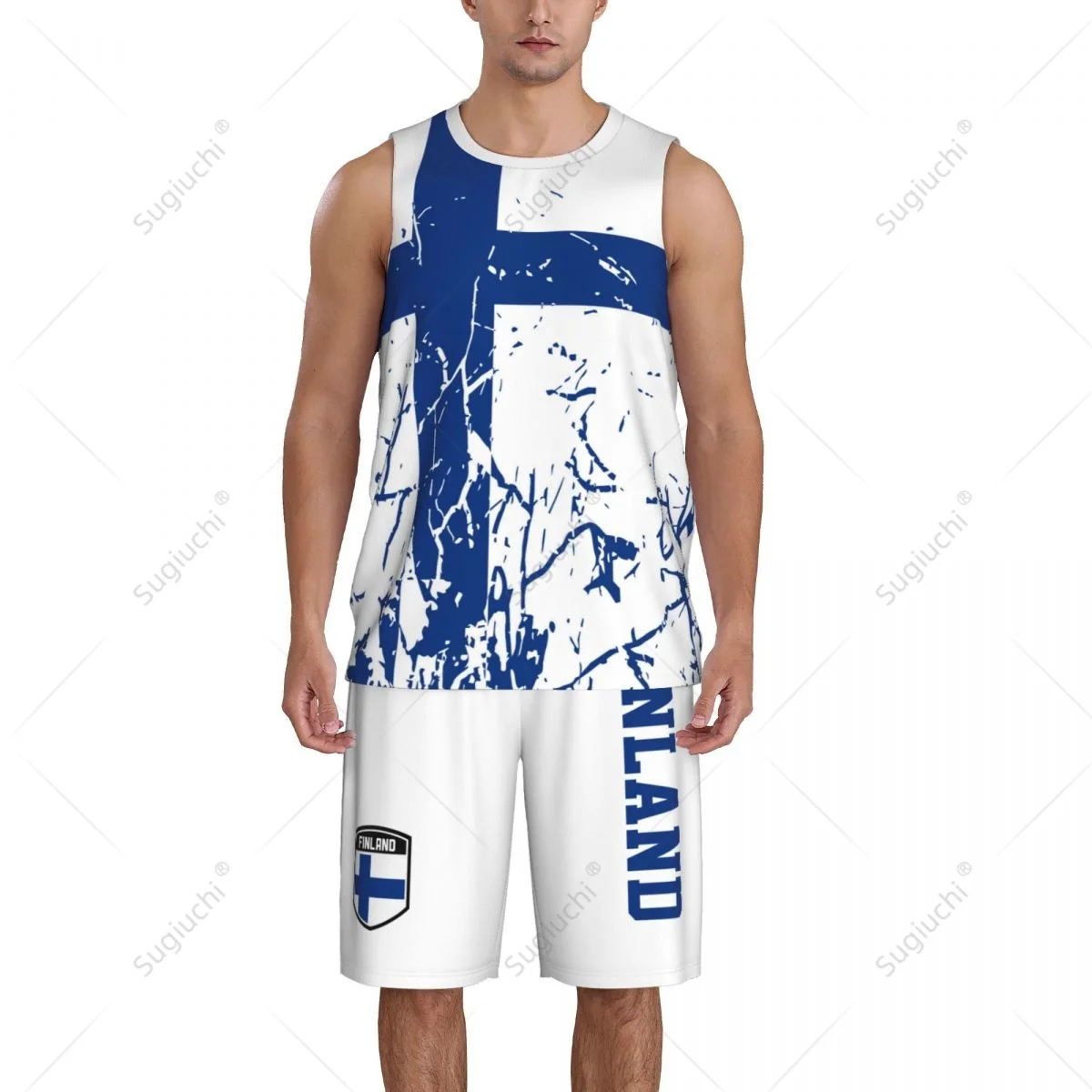 Team-up Finland Flag Grain para hombre, Conjunto de camiseta y pantalones de baloncesto, sin mangas, nombre personalizado, Nunber exclusivo