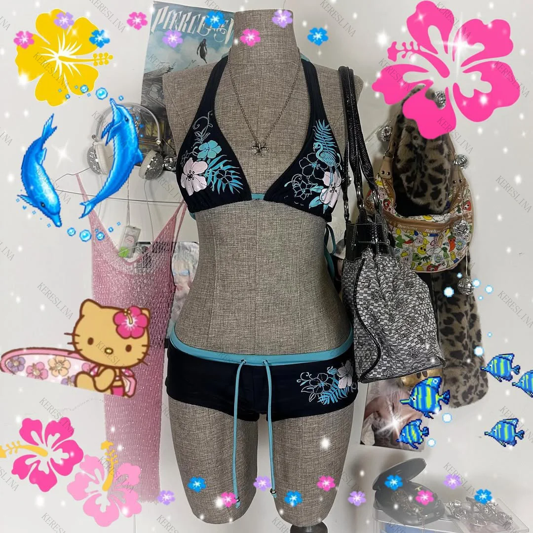 Maillot de bain vintage imprimé fleuri, culotte, bikini, sexy, bretelles licou, à la mode, vêtements de plage, 2 pièces, Y2k