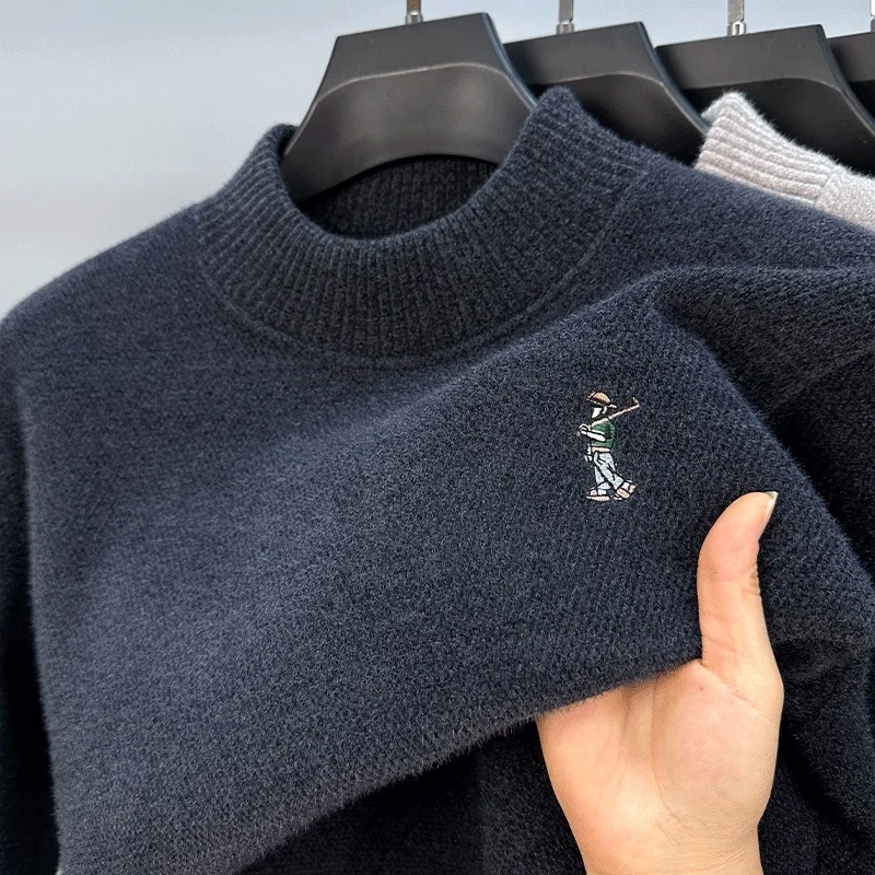 

High quality plush warm round neck sweater men's winter trend brand cartoon character embroidery Korean casual knitted pullover