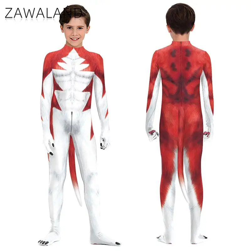 Zawaland Red Husky Kid Costume Boy Girl School Show Outfit Śmieszny kombinezon z ogonem Animal Cosplay Jumpsuit Holiday Party Clothes