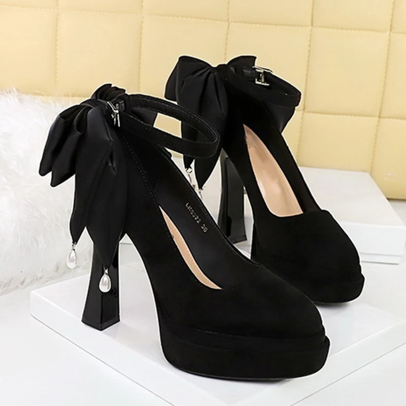 

2026 Fashion Women Pumps 11.5cm Super High Heel Shoes Ankle Strap Bowknot Pearl Black Suede Shallow Mouth Spring Single Shoe