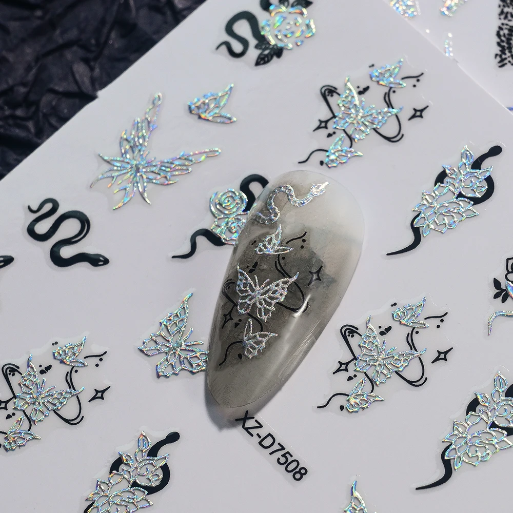 12 stks/set Laser Zilveren Slang Nagelstickers Retro Dieren Slangenprint Franse Nagelstickers 10*8 cm Zelfklevende Slang Nagelschuivers