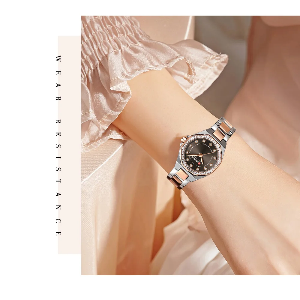 CURREN Modische Damenuhr mit zweifarbigem Edelstahlarmband, Strassbesetzter Lünette, Quarzwerk, Luxuriöses Elegantes Geschenk für Sie – Detail 5