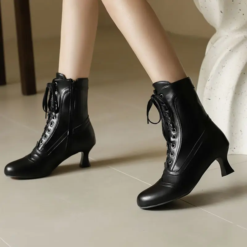 

ORCHA LISA 2026 Classic Women's Office Ankle Boots Round Toe 5.5cm Heel Lace Up Purple Black Size 48 50 Short Booties Style