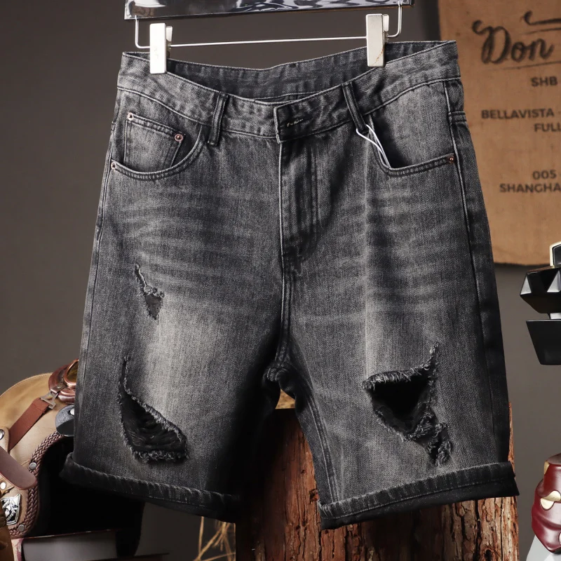 

2025 summer thin black ripped denim shorts for men, trendy American washed distressed loose five quarter pants