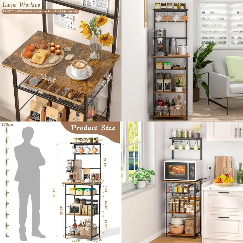 Compact 5-Tier Coffee Bar with Hooks for Kitchen, Entryway, or Living Room, 13.43D x 18.93W x 53.31H