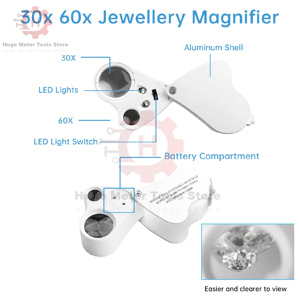  30X 60X Illuminated Jewelers Loupe Magnifier With 2 Bright LED Lights Foldable Jewelry Magnifier For Gems Jewelry Coins Stamps